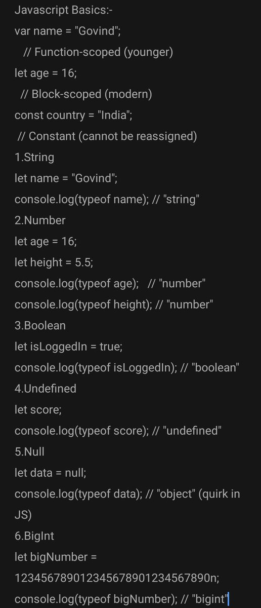 Govind_sde_1's tweet image. Day 15/120 ✅ 
Today, 
I learned javascript basics .
#coderarmy 
#WebDevelopment