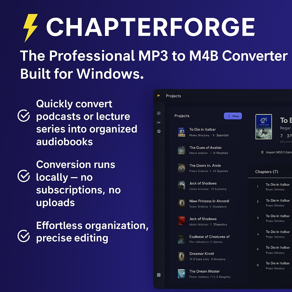 indie4tune's tweet image. Hey #podcast  listeners Meet ChapterForge, the new powerful #Windowsapp 
Convert any folder of messy MP3s into a single, polished M4B audiobook ( chapters, metadata editor, &amp;amp; cover art) in one click.

⬇️ Windows: indie4tune.com/apps/chapterfo…
#ChapterForge #Audio #tech