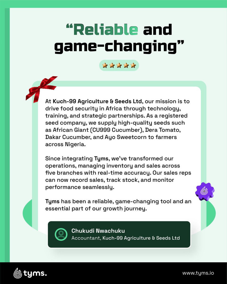 "Since integrating Tyms, we have transformed our operations, managing inventory and sales across five branches with real-time accuracy. Our sales reps can now record sales, track stocks and monitor performance seamlessly." ✨

That's the testimonial shared by Kuch-99 Agriculture