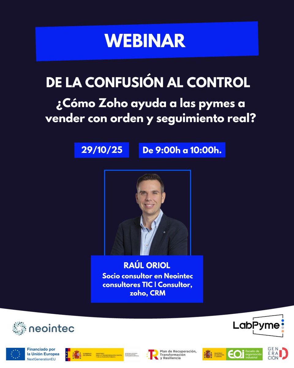 LabPyme's tweet image. 📊 ¿Caos en tus ventas?
Descubre cómo #ZohoCRM ayuda a las pymes a vender con orden y seguimiento real.
🗓️ 29 de octubre | 🕘 9:00h | 💻 Online
🎙️@Raul_Oriol – @Neointec Consultores TIC
👉 Inscríbete gratis: labpyme.activehosted.com/f/28