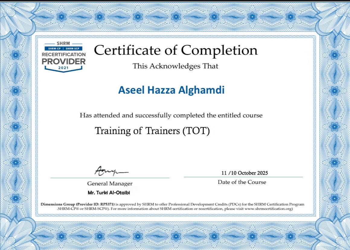 حصلت على شهادة "TOT" المحلية والدولية والتدريب كان على يد الاستاذ <a href="/coach_tr1/">تركي عطيه الثبيتي (ابن جاهم)</a> لمدة خمسة ايام بإجمالي 30 ساعة تدريبية وهي شهادات معتمدة .. 
وكانت رحلة رائعة ومُفيدة 🙏🏻