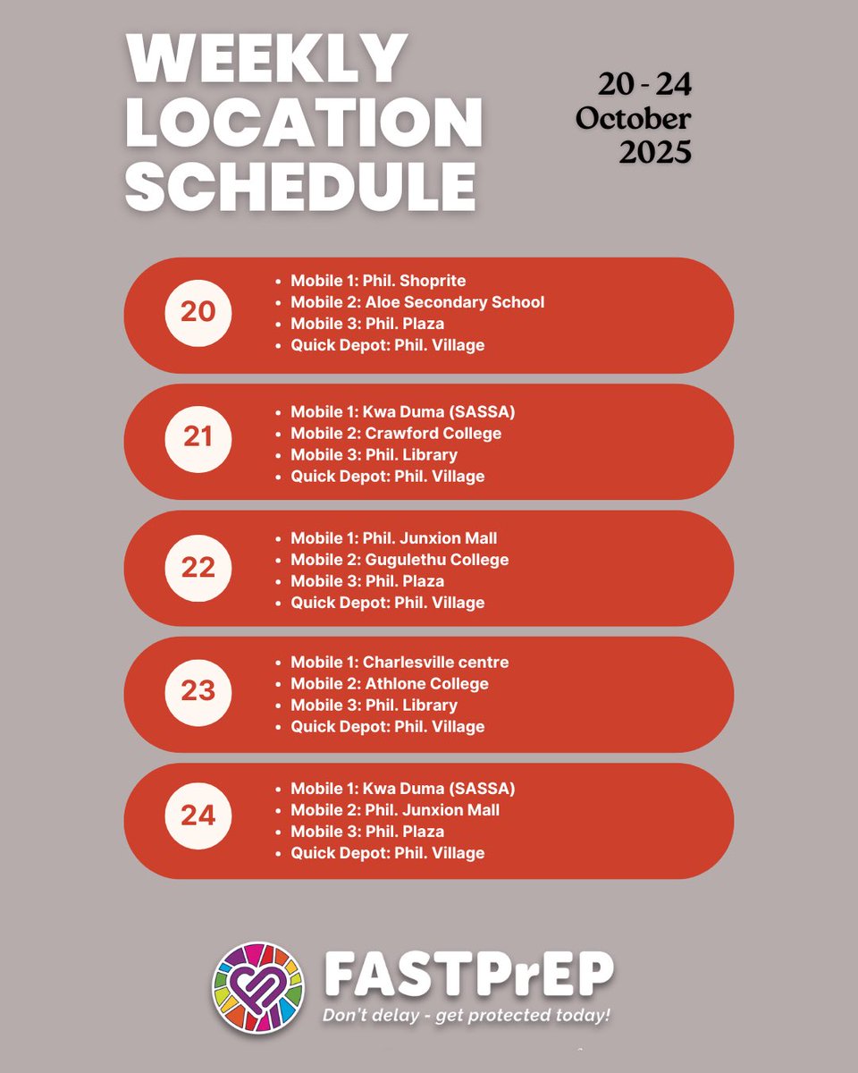 FASTPrEPstudy's tweet photo. 🚑 We bring sexual reproductive health services to your neighbourhood.
#weeklycalendar #schedule #fastprep #desmondtutuhealthfoundation #mobileclinic https://t.co/fidi2lQGvw