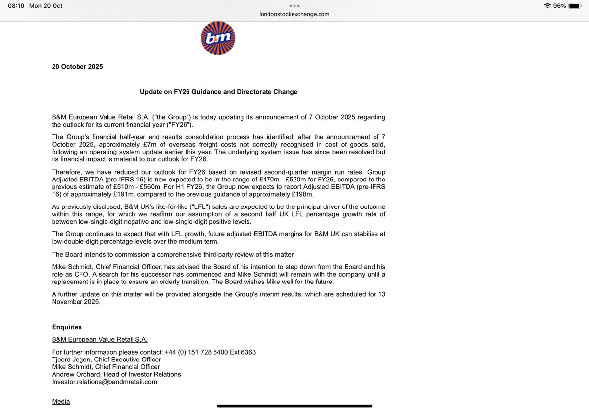 reb40's tweet image. #BME Oh dear, things are going from bad to worse

£7m cost of goods omission results in a Profit Warning ⚠️ &amp;amp; the CFO falling on his sword😳

Credit to them for the clarity in the new (lower) numbers though:
“Adjusted EBITDA..is now expected to be in the range of £470m - £520m”