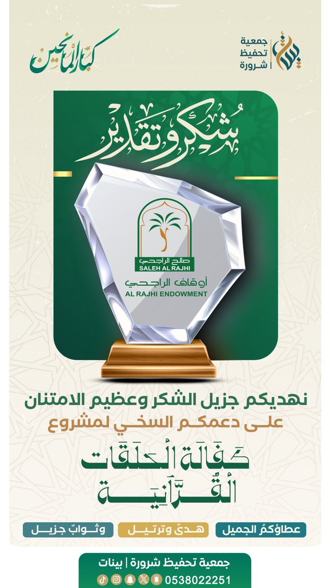 qksh's tweet photo. #شكرًا_لكم | 💚
أوقاف صالح الراجحي
@RajhiEndowment

على دعمكم السخي لمشروع :
{كفالة الحلقات القرآنية}

شكر الله مساهمتكم، وبارك في عطائكم   ✨🌿 https://t.co/2xxs2uxjTu