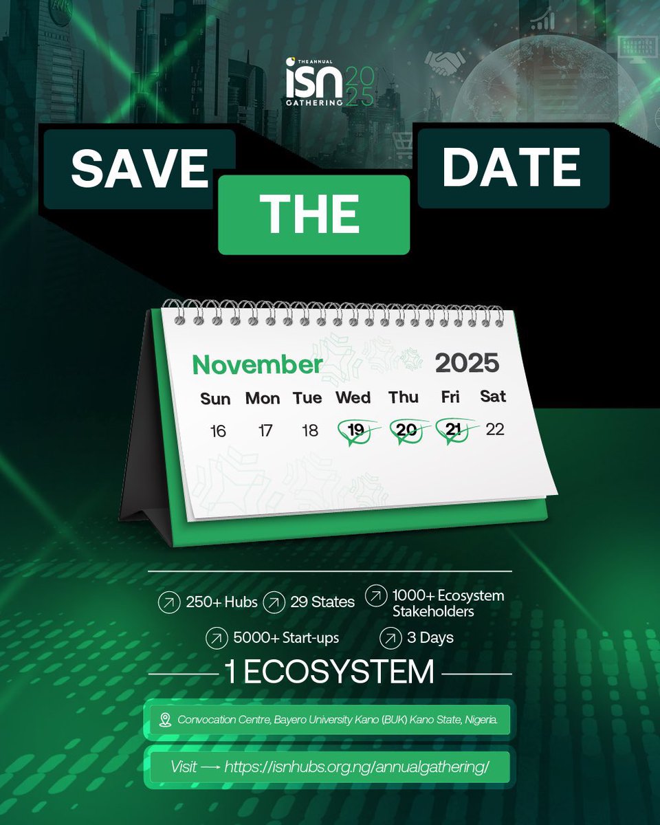 Engr_hauwerh's tweet image. @isnhubs will be hosting the biggest tech and innovation ecosystem gathering is coming to Kano!
Join over 250+ hubs, 1000+ stakeholders, and 5000+ startups for 3 days of connection, collaboration, and growth.