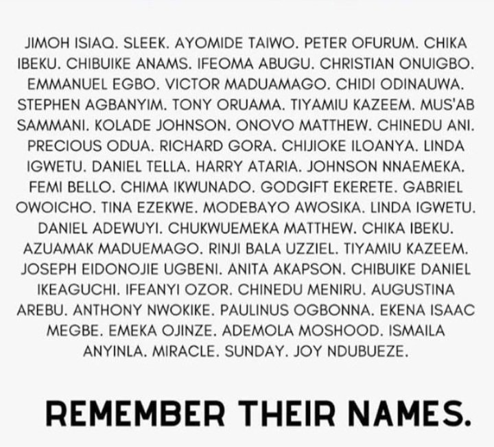 flyingbeso's tweet photo. All we asked was to be treated fairly. But we got bullets and unmarked graves. 
Never forget their names.  
20.10.20
#EndSARS https://t.co/ol6FyULW7k