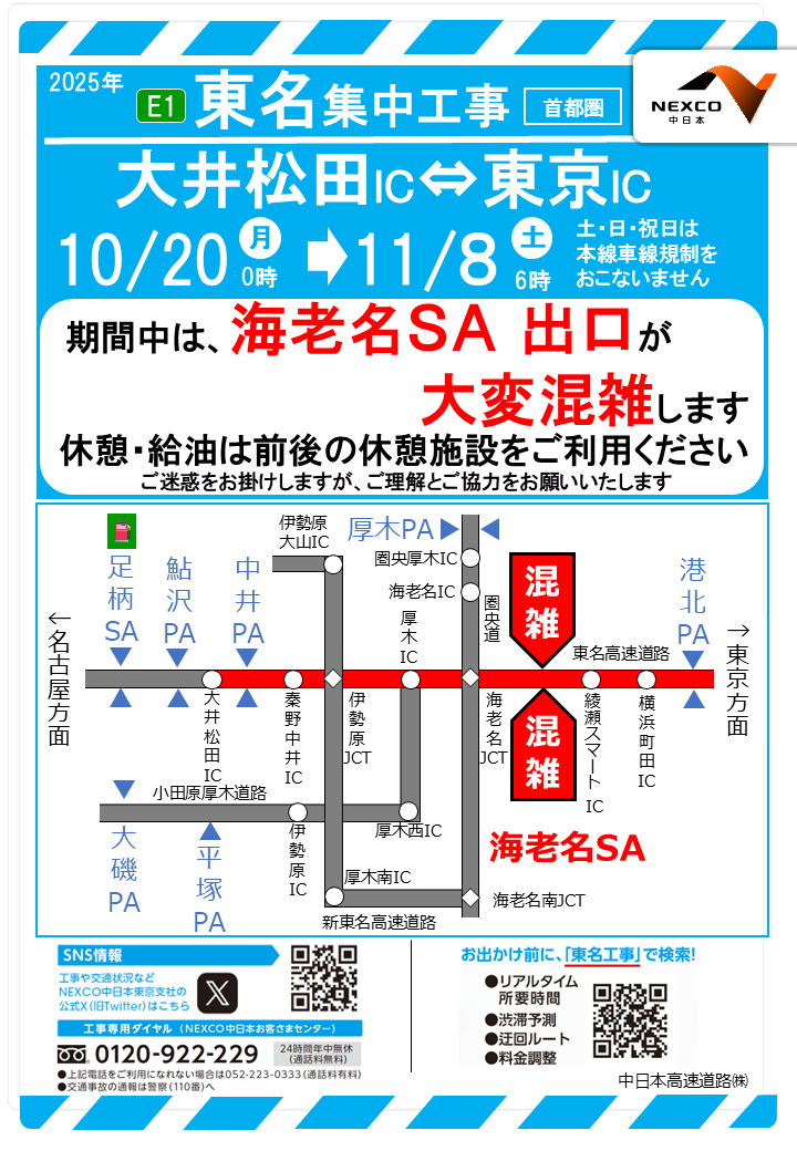 東名 #集中工事 のお知らせ】 現在、E1東名 東京IC～大井松田IC間で