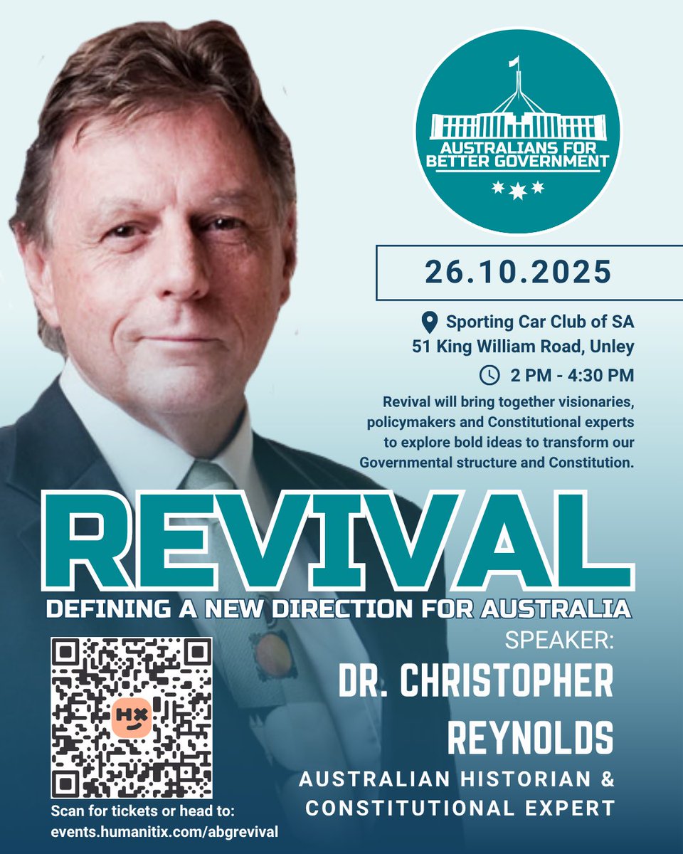 AUSTRALIAN HISTORIAN DR. CHRISTOPHER REYNOLDS is coming to #adelaide - This Sunday, October 26

Join us for an important discussion on the Revival of Australia and our system of Government

Get your tickets here: events.humanitix.com/abgrevival

Sporting Car Club of SA