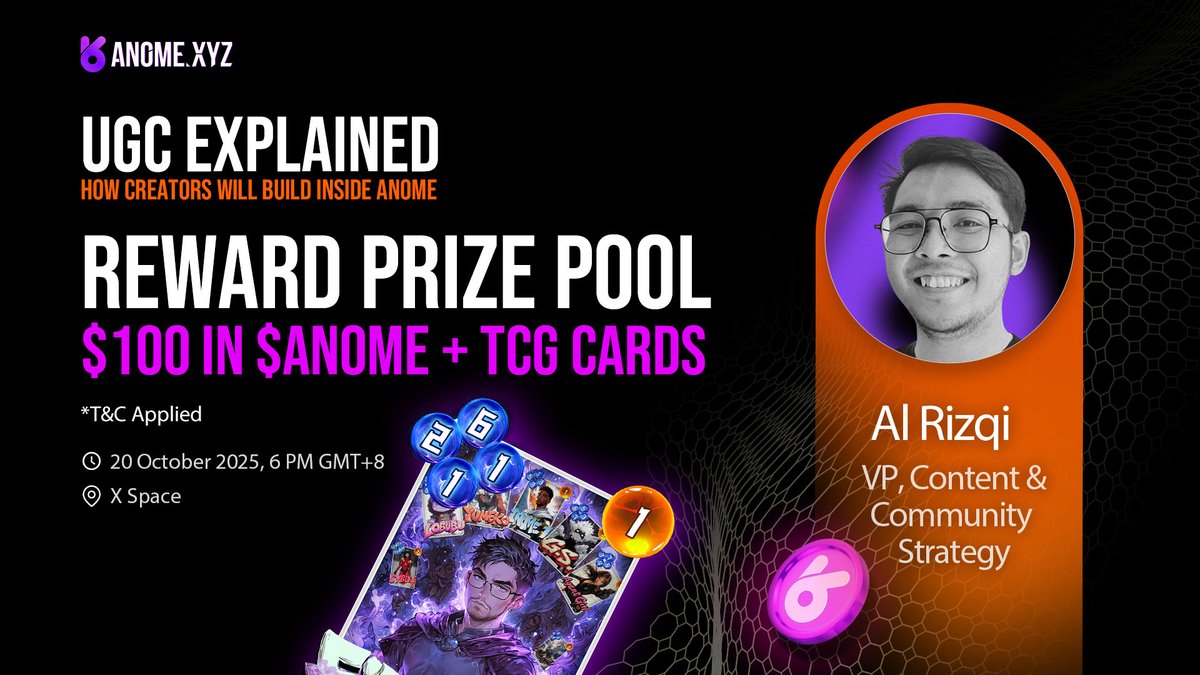 Anome_Official's tweet image. 🎙 AMA ANNOUNCEMENT
Topic: UGC Explained — Is Web3 Social Media a Good Way to Earn with Your Influence?
🗓 Join us live: x.com/i/spaces/1LyGB…
🗓 TODAY, 20 October 2025, 6 PM GMT+8
💰 Reward Pool: $100 in $ANOME + TCG Cards
How to win:
1. Drop your question & BEP20 wallet in…