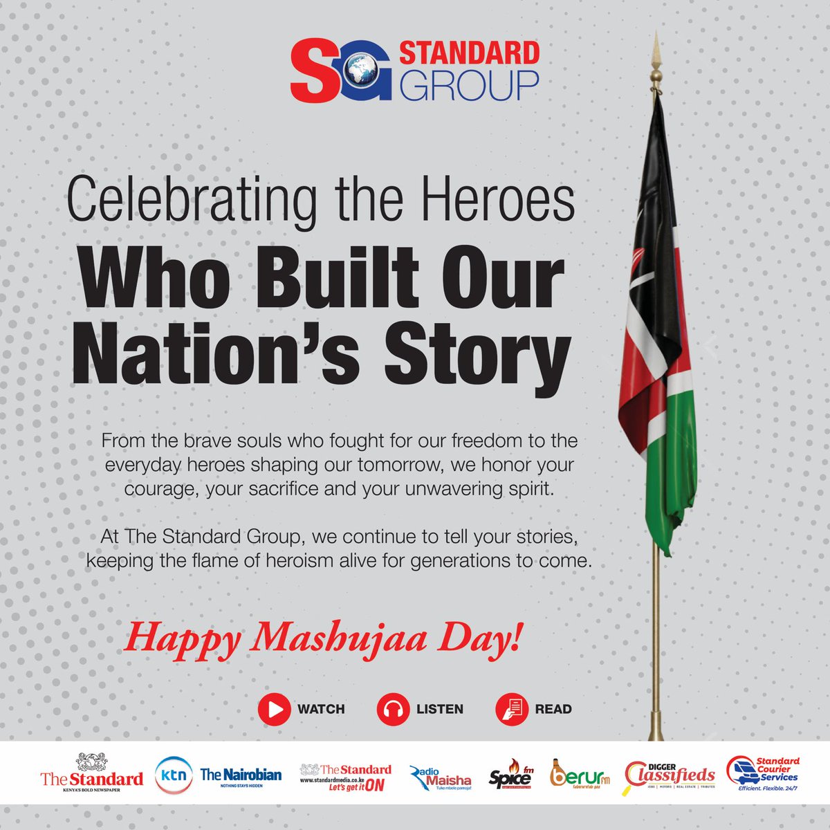 StandardGroupLc's tweet image. May the spirit of our heroes inspire us to build a strong and more united nation. Happy Mashujaa Day to all Kenyans!
#HappyMashujaaDay
#MashujaaDayCelebration
#UnitedKenya