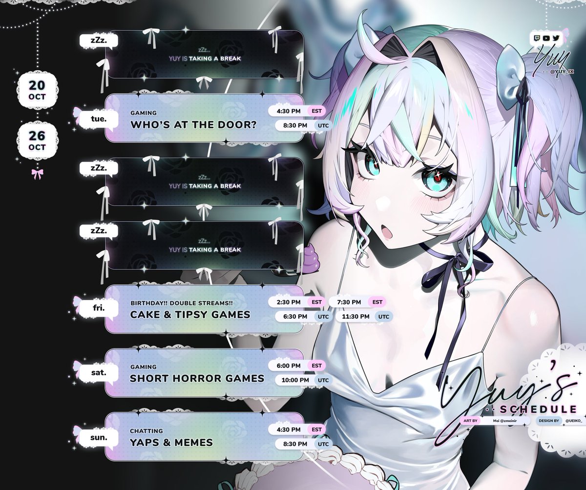 Schedule for Oct. 20-26!

My birthday is this Friday, Oct. 24! I'll be making cake in the afternoon and getting a little bit tipsy with some yaps and games in the evening! 

Full birthday art will be out Friday as well! Please look forward to it!