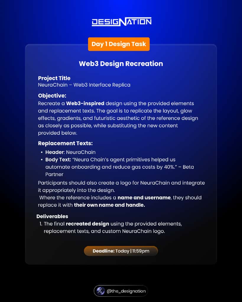 The_DesigNation's tweet image. Our 3-day challenge is back! 🧡💙
Day 1: Web 3 Design Recreation
Quote these with your superb submission 🔥