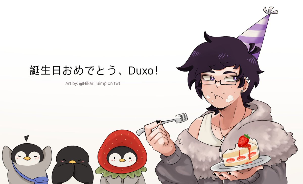 No he estado tan presente en la comunidad como me gustaría pues recientemente me he ocupado en otras cosas; aún así, me gustaría celebrar su cumpleaños un año más con un dibujo más simple de lo que me gustaría.
¡ Feliz cumpleaños, <a href="/Duxorethey/">Duxo 🐧</a> !

★ #Duxo27Dbay #Duxo