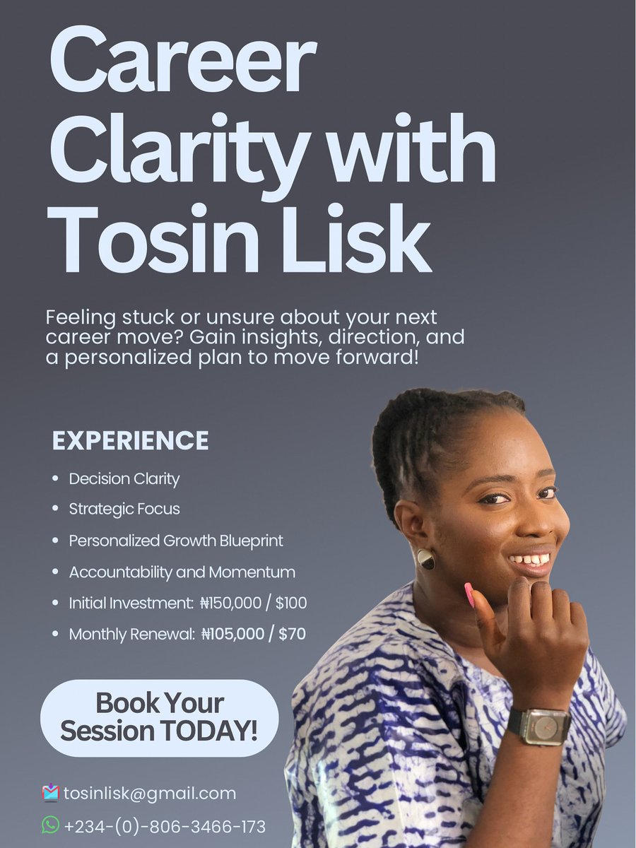 Do you ever feel like you’ve been working hard but still can’t see your next step clearly? Maybe you’re at a crossroads; unsure what to do next, pivot or how to make your career feel like it’s moving forward again.

Let’s start your clarity journey today. linktr.ee/Oluwatosinm