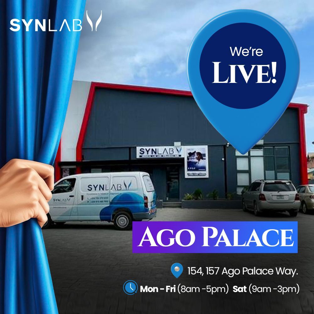 The wait is over; SYNLAB Ago Palace is now open! 💙
Experience trusted diagnostics, warm service, and a commitment to your health, all under one roof.

📍154, 157 Ago Palace Way
🕓 Mon–Fri: 8 am–5 pm | Sat: 9 am–3 pm

#NowOpen #SYNLABNigeria #AgoPalaceLaunch #NewMedicalCenter