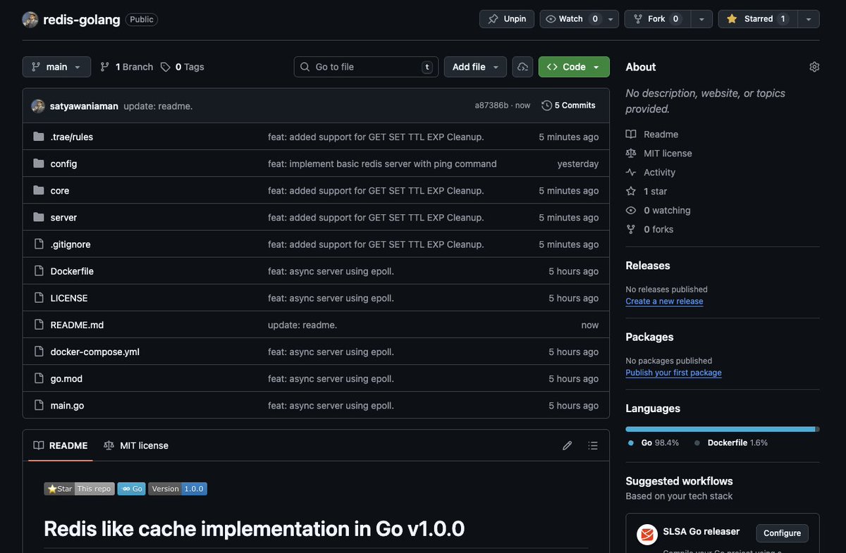satyawani_aman's tweet image. Implemented my own Redis like cache in Go
Features:
>Async (epoll-based) & Sync (goroutine) servers
>Full RESP protocol support
>Core commands: PING, SET, GET, DEL, TTL
>Docker-ready for easy spin-up
Check it out & ⭐ the repo-