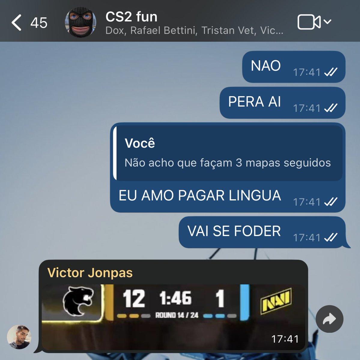 Ja critiquei pra caralho, mas agora to aqui pra aplaudir. Vão chegar gigantes pro Major! Que trabalho foda!
Parabens <a href="/FalleNCS/">Gabriel Toledo</a> <a href="/siddecs/">Sid Macedo</a> <a href="/kscerato/">KSCERATO</a> <a href="/yuurih/">yuurih</a> <a href="/tvoy_molodoy/">Danil Golubenko</a> <a href="/yek1ndar/">YEKINDAR</a> 🏆🏆