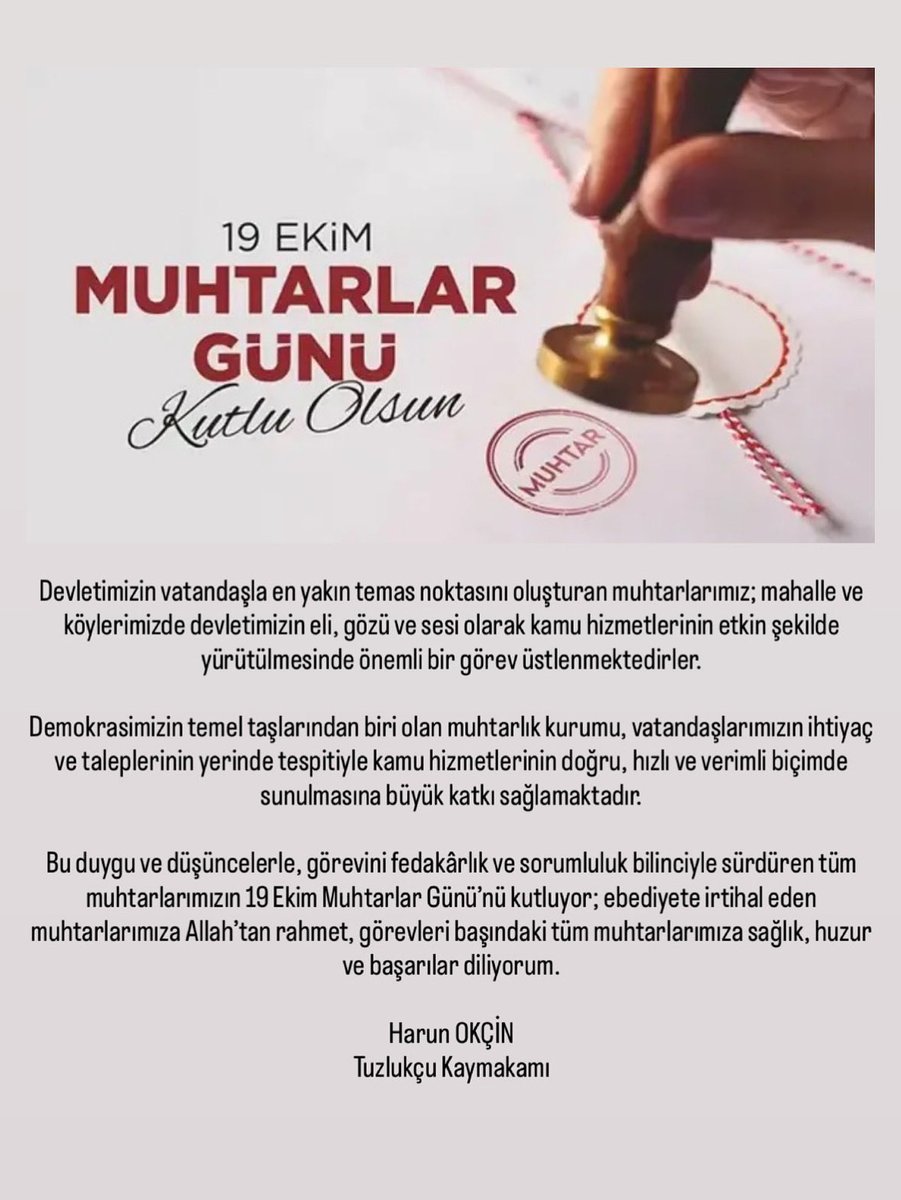 Kaymakamımız Sayın Harun OKÇİN’in 19 Ekim Muhtarlar Günü Mesajı!