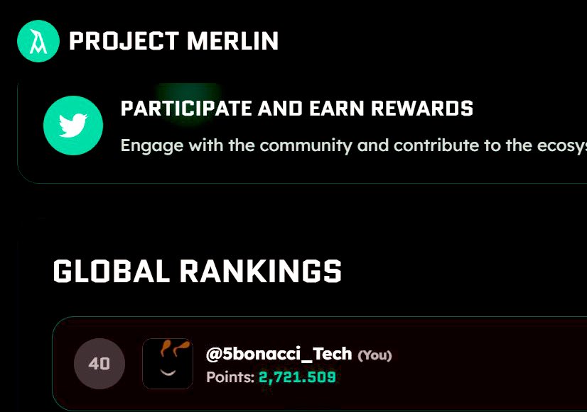 Started <a href="/ProjectMerlinio/">Project Merlin</a> yesterday and today i have join top 40 yappers 

Qualified to earn rewards 

Rewards:
1–5 → $1000 $MRLN + WL
6–10 → $750 $MRLN + WL
11–40 → $500 $MRLN + WL
41–75 → WL
76–200 → FCFS WL

Stay loudio on project Merlinio and <a href="/SonicLabs/">Sonic</a> infra