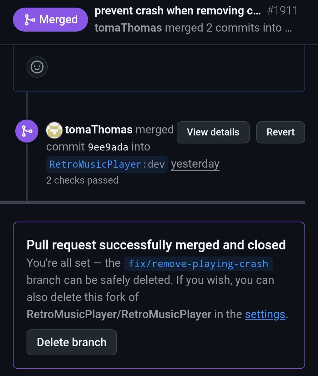 MianMuzammil67's tweet image. 🎉 My first PR has officially been merged into the RetroMusicPlayer project!
🚀 Fixed a crash issue (#fix/remove-playing-crash).
Excited for more open-source contributions ahead! 💻✨
#OpenSource #AndroidDev #GitHub #FirstPR #DevJourney