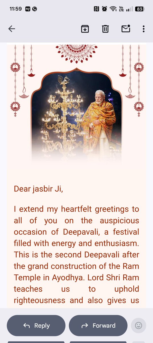 listenjasbir's tweet image. Received this mail thanks @narendramodi ji for Diwali wishes  
Happ Diwali 🪔🙏