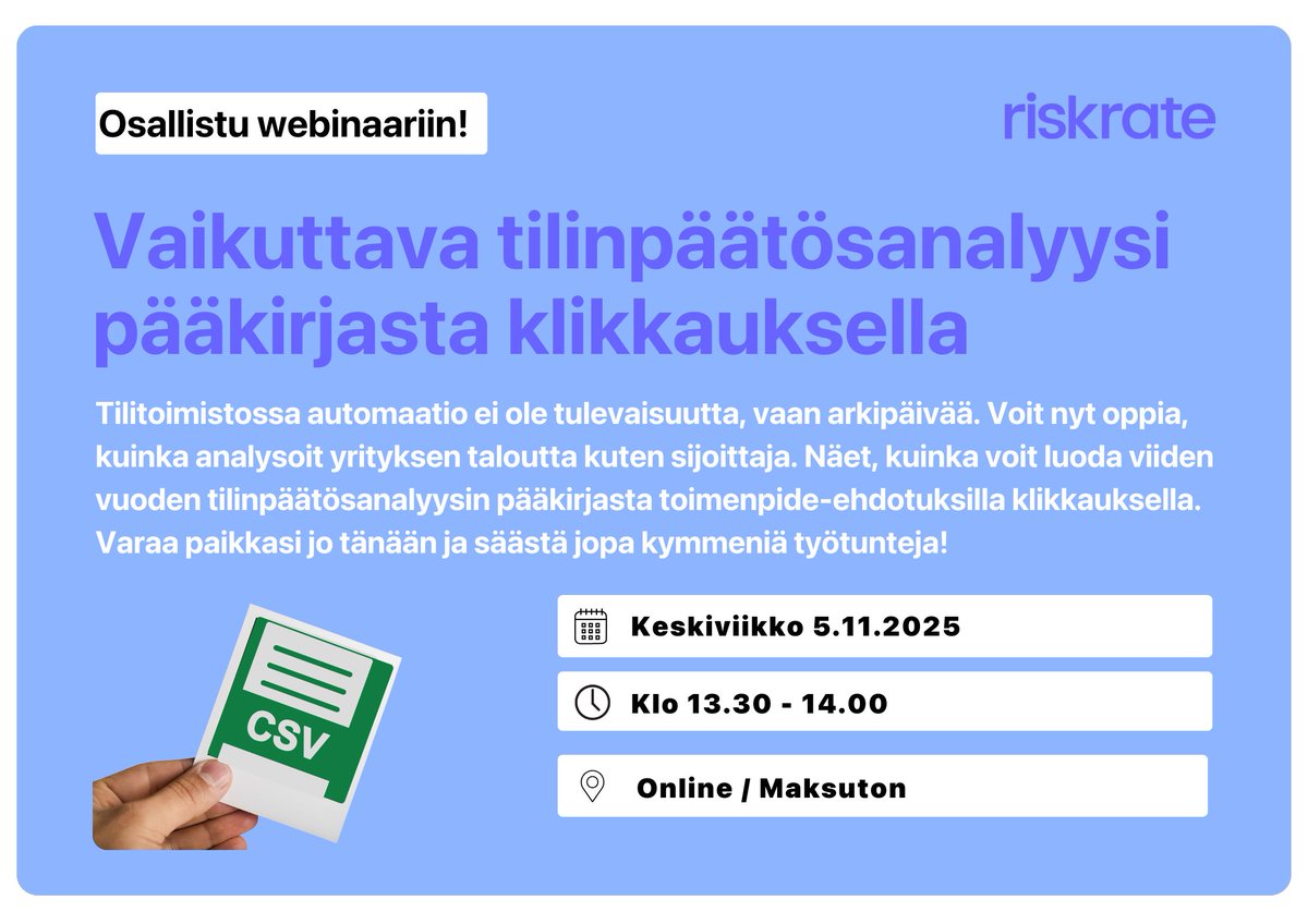 Analysoi yrityksen taloutta kuten sijoittaja. Tule mukaan webinaariimme! Ilmoittaudu tästä linkistä: lnkd.in/d7TZRrWq