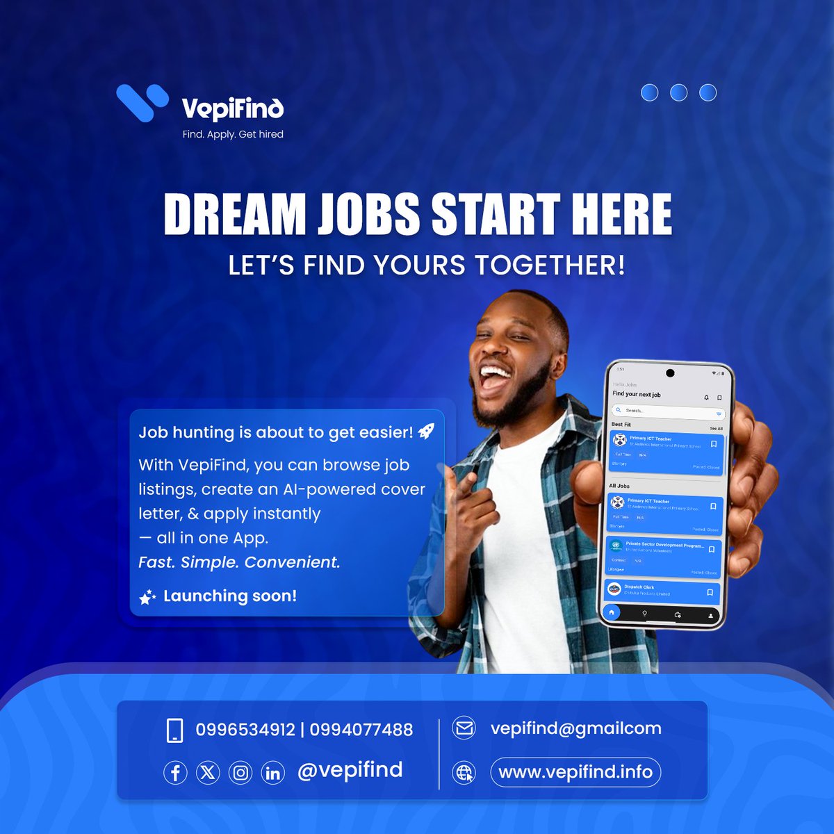 VepiFind's tweet photo. Malawi, get ready! π²πΌ
Browse jobs, create AI-powered cover letters, & apply β all in one app.
VepiFind is launching soon to make job hunting simple & stress-free. Just you & your Smartphone anywhere & anytime! π
#VepiFind #ComingSoon #MalawiJobs #FindApplyGetHired https://t.co/zMmlJIMiWW