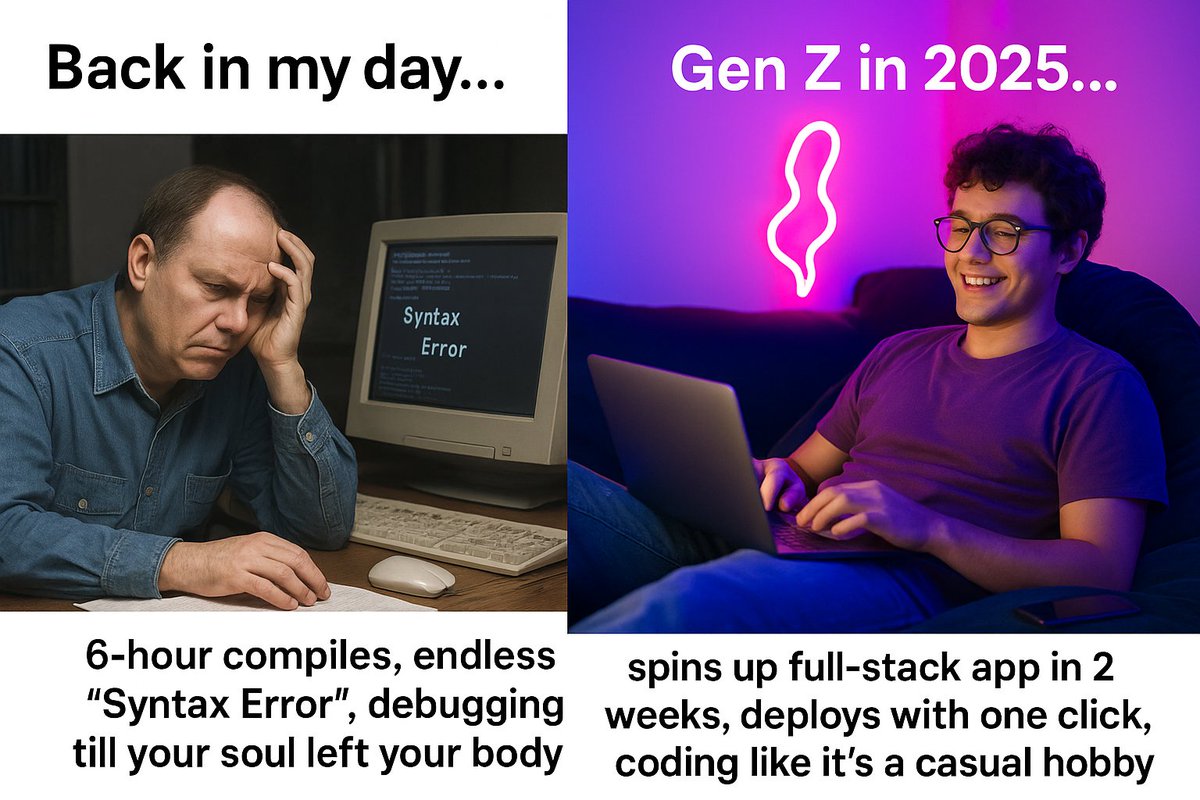 internetchapp's tweet image. Old devs getting jelly on Gen Z coders ’cause we learned in 6 months what took them 6 years.

They start hating and call us “vibe coders” well.....  yeah😂, cause we debug with music on and still ship faster.
#vibecoding #StartupLife #debuggingcode