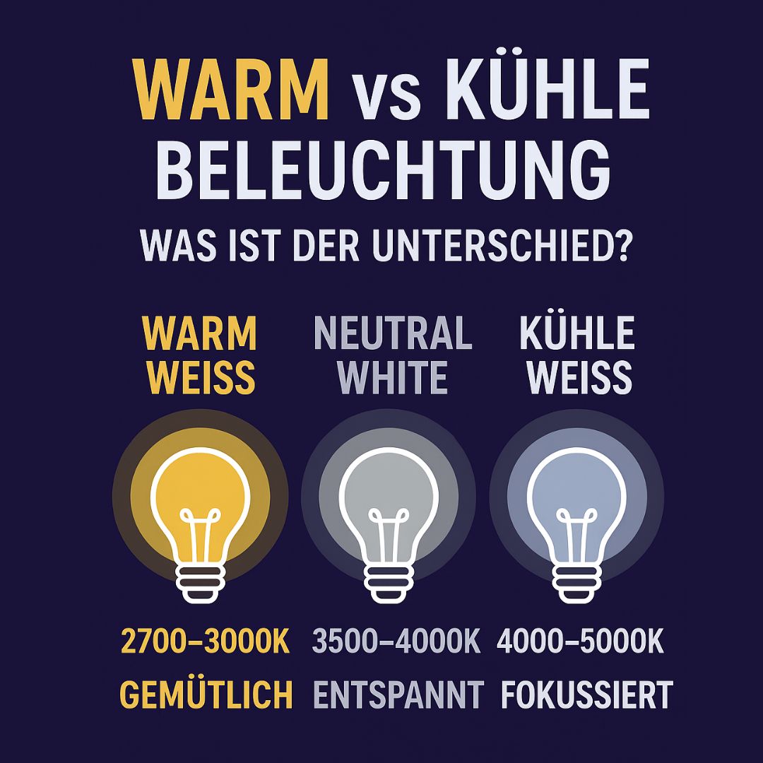 💡 Warme vs. kühle Beleuchtung: Was ist der Unterschied?
Die Wahl der richtigen Lichtfarbe kann Ihren Raum komplett verändern! ✨
🌼 Warmweiß (2700–3000 K)
💎 Kaltweiß (4000–5000 K)
☀️ Tageslicht (6000 K+)

#Beleuchtungstipps #Wohnkultur #Innenarchitektur #Lichtdesign