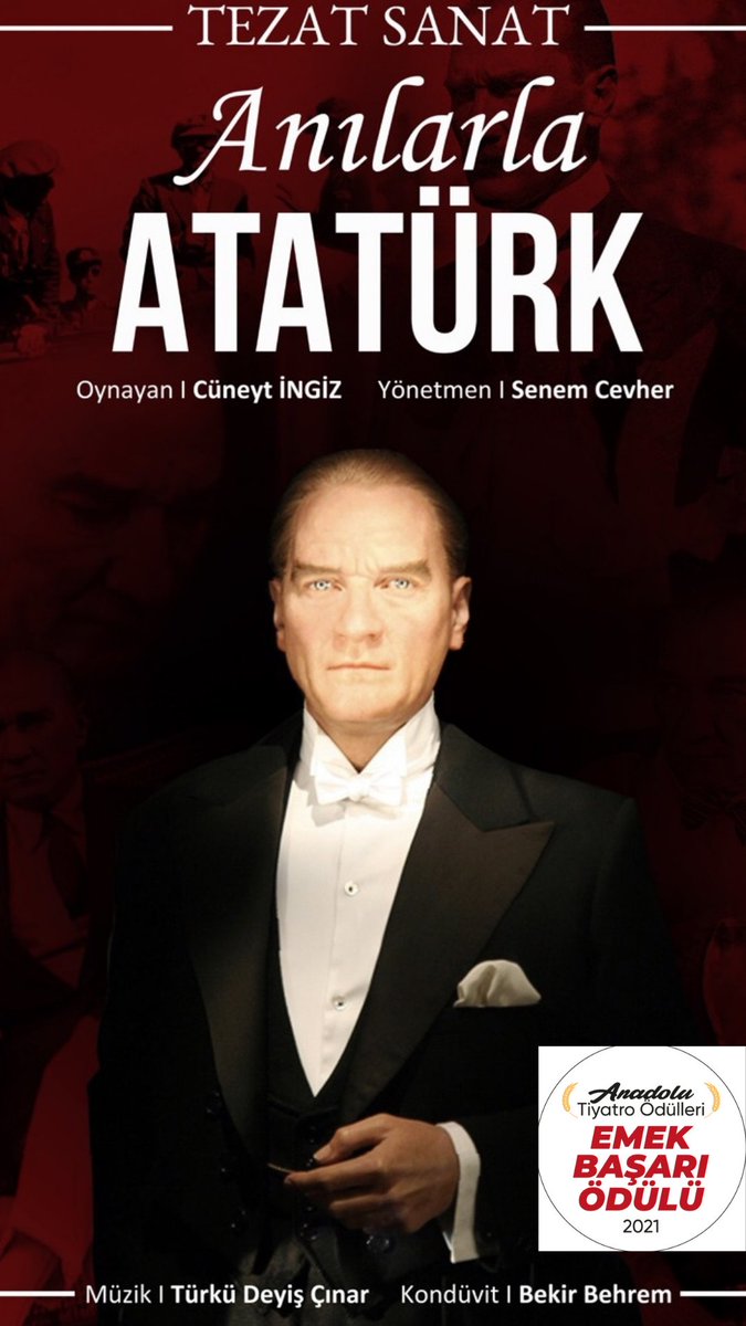 Mustafa Kemal Atatürk'ün vefatının 87. Yıldönümünde 'Anılarla Atatürk' oyunumuzla #Ankara Kinesis Sahnedeyiz. #tiyatro #mustafakemalatatürk #CHP #chpgençlik #ankaraadd #atatürkçüdüşüncederneği #ankaraçydd 

Biletler: Biletinial.com