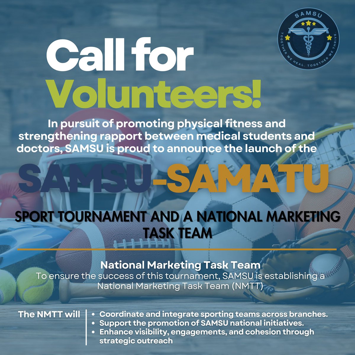 SAMSU_National's tweet photo. In pursuit of promoting physical fitness and strengthening rapport between medical students and doctors, SAMSU 💙🤍💛is proud to announce the launch of the
SAMSU-SAMATU SPORT TOURNAMENT AND A NATIONAL MARKETING TASK TEAM https://t.co/9FmzH1f7nE