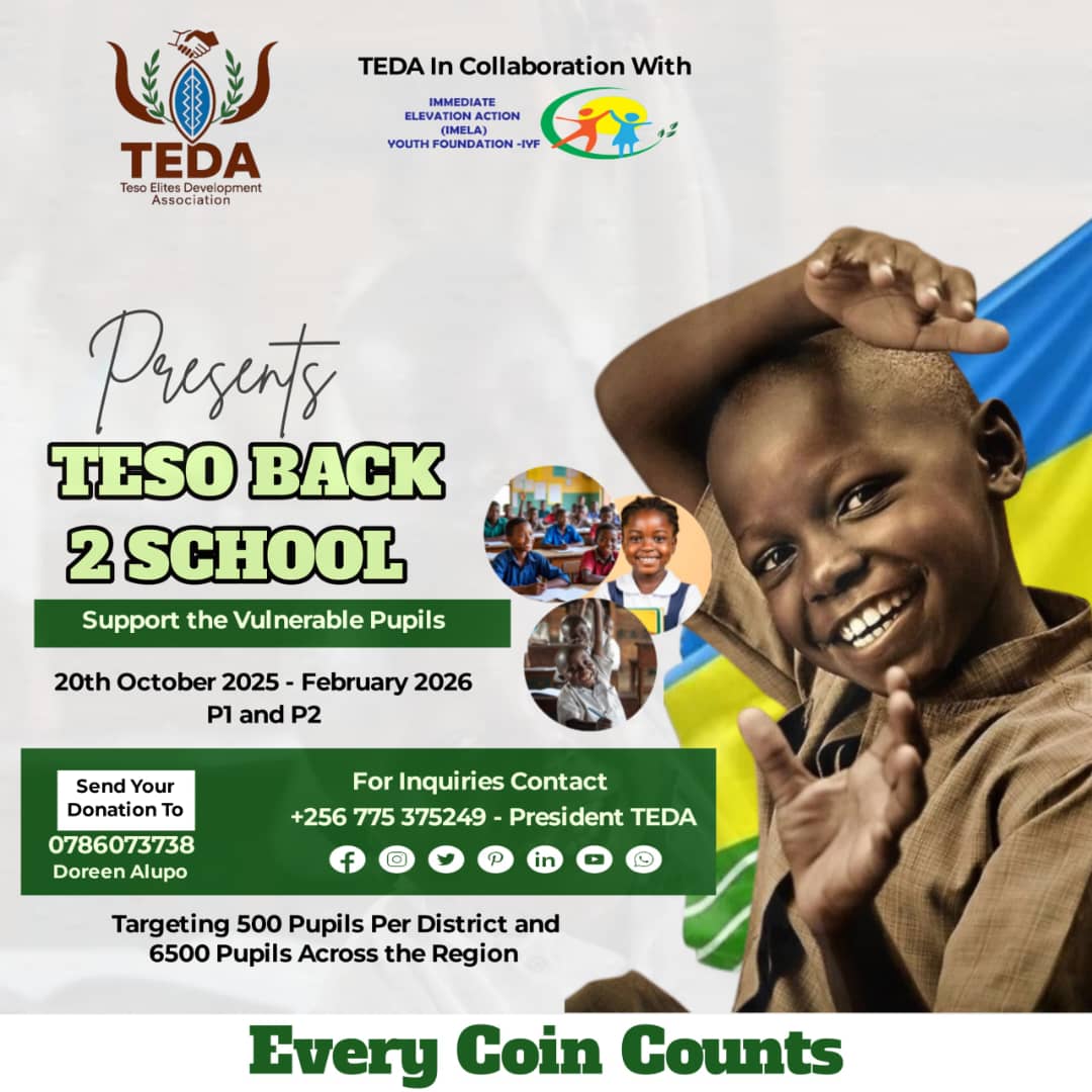 tedayouthteso's tweet photo. 🌟 Join the #TesoBack2School Campaign! 🌟
 @tedayouthteso in collaboration with Imela Youth foundation has launched the #TesoBack2School Campaign — a youth-led initiative to raise funds for providing scholastic materials to pupils in P1 and P2 across the Teso region.

🎯 Goal: Support 6,500 pupils by 2026, with at least 500 pupils in every district of Teso.
📅 Campaign Ends: February 2026
💬 Distribution: Will be discussed and managed transparently by the TEDA Committee.

Every contribution counts — even UGX 1,000 can make a difference! 🙌
Together, we can fight school dropout and keep our children learning and hopeful for a better future.

Let’s campaign together, share widely, and inspire others to support this cause.
💖 Trust is key — every coin raised goes directly toward supporting children’s education.

📢 Spread the word on your social media:
#TesoBack2School #NoSchoolDropout