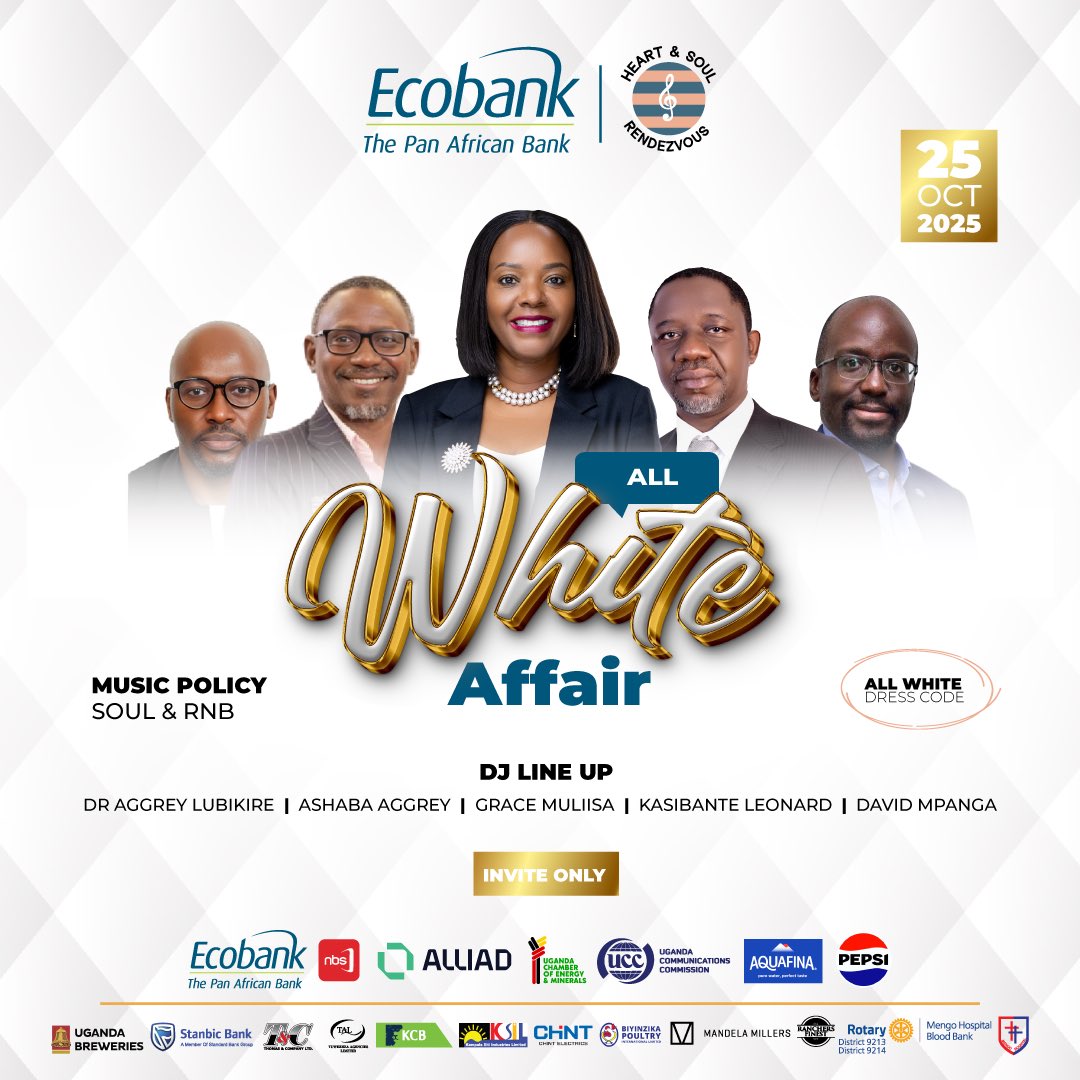 Join us at the All White Affair this 25th October 2025, powered by <a href="/EcobankUganda/">Ecobank Uganda</a>. 

Expect soulful music, a refined atmosphere, and a night curated for top-tier networking.
Entry is invite-only.

#EcobankHeartAndSoulRendezvous
#RnB_SoulExperience #NBSUpdates