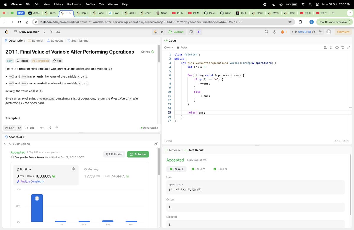 thehungertocode's tweet image. Hello Everyone 👋
Happy Deepawali 🪔
Completed #Day658 of the #codeeveryday challenge.
Solved: Final Value of Variable After Performing Operations
A simple approach to see if a minus sign exists in a string, subtract, else add
✅ T.C: O(n)
✅ S.C: O(1)
#consistencyiskey…