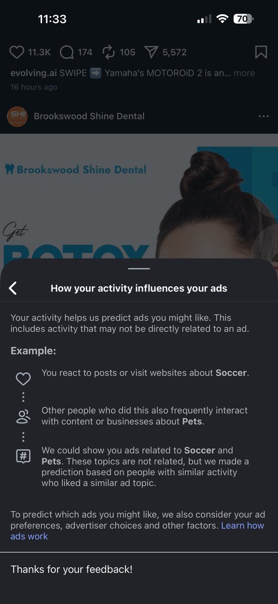 RefactoringCod3's tweet image. Can @instagram explain how I was speaking today about Botox and then I got an ad about Botox?
The excuse is I was interacting with pets? 🧐
And I got everything off on insta and face but not WhatsApp, so you heard from WhatsApp and put me an ad on insta?
