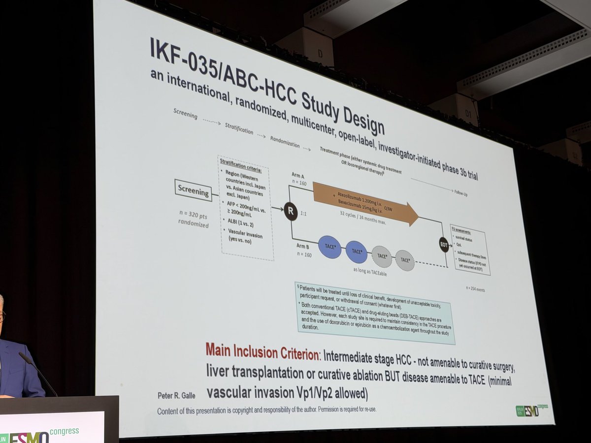 LorenzaRimassa's tweet image. Peter Galle presents ABC-HCC, academic study of atezolizumab-bevacizumab vs TACE for intermediate stage #HCC. 
Improved time to failure of treatment strategy with #systemic therapy. 
Positive study, potential novel approach for #intermediate HCC 
#ESMO25 #ESMOAmbassadors @myESMO