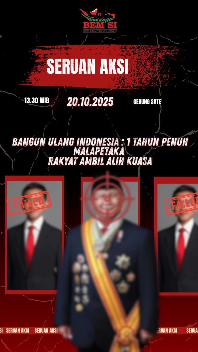 Satu tahun sudah pemerintahan Prabowo berjalan namun janji-janji besar yang dulu digembar-gemborkan masih jauh dari kenyataan.

Warga sekalian diundang untuk ikut turun aksi oleh BEM SI dan BEM UNPAD di Bandung

 Tanggal: 20 Oktober 2025
📍 Titik Aksi: Gedung Sate
🕒 Waktu: 13.30