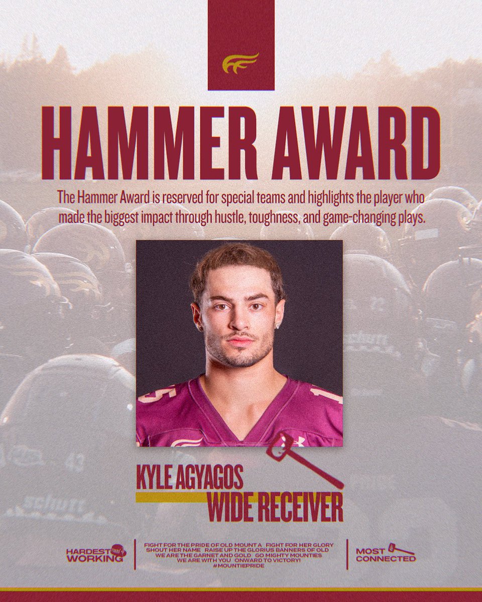 MTA_Football's tweet image. The Hard Hat Award recognizes the grit, effort, and determination that define Mountie Football. 💪

⚡️ Offence: Owen Istace

⚡️ Defence: Ben Michel

The Hammer Award is all about impact on special teams. 💥

⚡️ Special Teams: Kyle Agyagos 

#MountiePRIDE | #BrickByBrickk