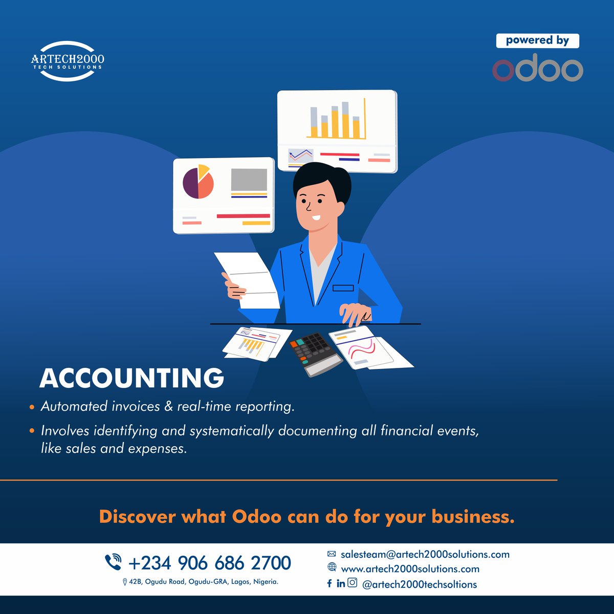 Artech2000_Tech's tweet image. Simplify your accounting with Odoo!

Automate invoices, track expenses and access real-time financial reports all from one platform.

Discover what Odoo can do for your business with Artech2000 Tech Solutions.

Click this link:- bit.ly/4orTSjE to book a FREE demo today!