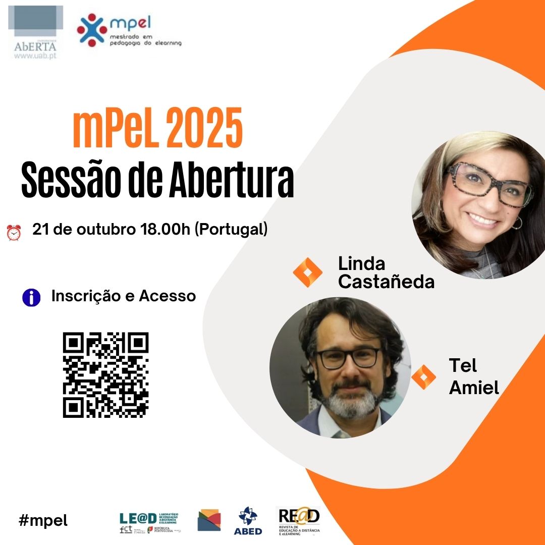 Sessão de abertura do <a href="/MPeL_UAb/">MPELUAb</a> conta com os convidados Linda Castañeda <a href="/lindacq/">Linda Castañeda</a>  e Tel Amiel. Inscrição em: forms.gle/BtARARNENr9hUX…
A sessão tem o apoio do <a href="/leaduab/">LE@D</a> , ABED, Cátedra UNESCO Educação Aberta e Tecnologias para o Bem Comum, Revista RE@D