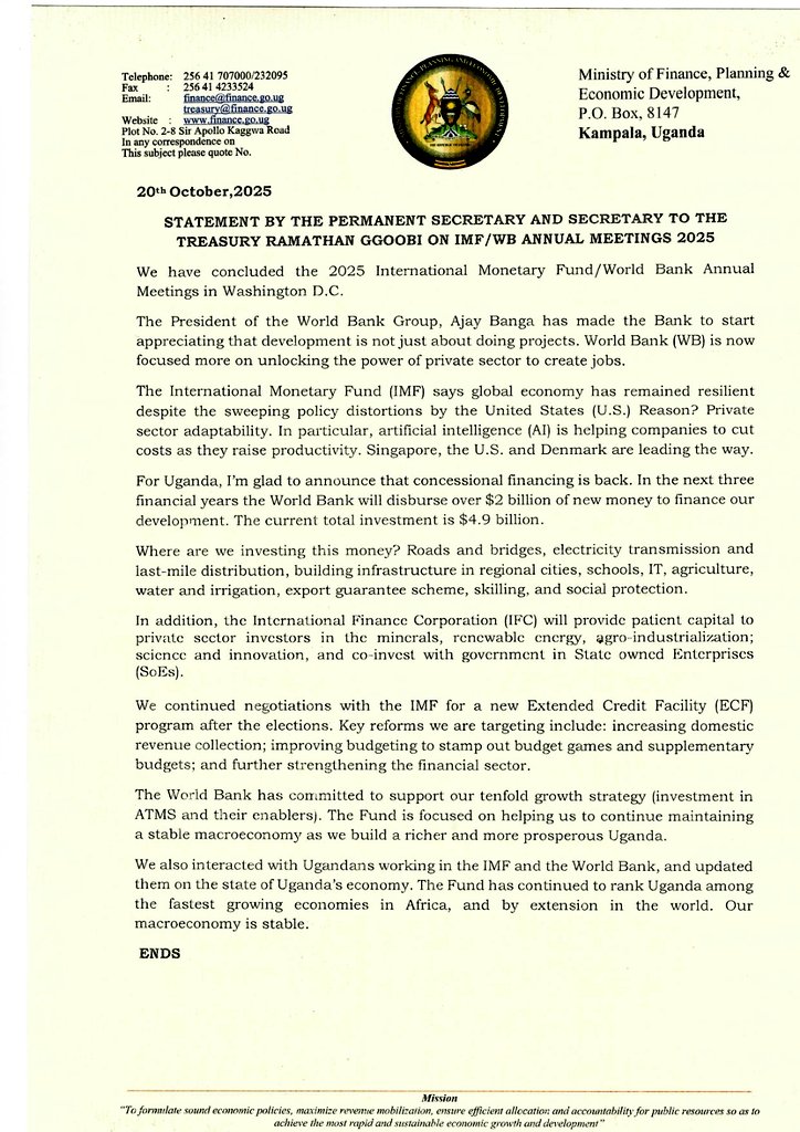 mofpedU's tweet image. STATEMENT BY PSST ON IMF/ WB 2025 MEETINGS:

PSST @rggoobi earlier today issued a statement on the just concluded @IMFNews/ @WorldBank meetings in Washington D.C.
👇👇
Details: 
finance.go.ug/sites/default/…