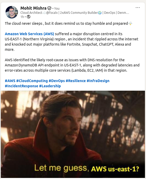 techwithmohit's tweet image. The cloud never sleeps , but it does remind us to stay humble and prepared🌩️