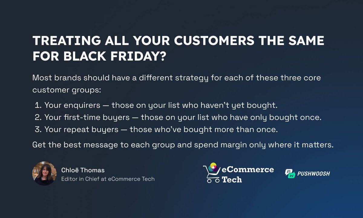 Pushwoosh's tweet image. #BlackFriday is the time for the biggest promos… but that doesn’t mean your target audience should be everyone. Quite the opposite!
Chloë Thomas shares her view on #segmentation that actually boosts #sales and grows your contact list.
🔗 buff.ly/UzmrMV0