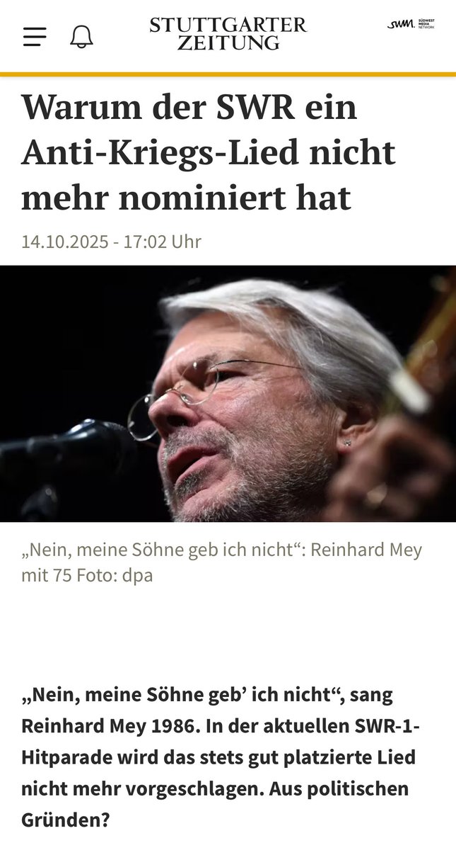 AMoehnle's tweet image. Der SWR cancelt ein Friedenslied? In der jährlichen SWR1-Hörer-Hitparade kam  „Nein, meine Söhne geb&apos; ich nicht&quot; von Reinhard Mey immer weit nach oben, jetzt wurde es verbannt. Die „Anti-Kriegs-Botschaft“ sei „mittlerweile zu kontrovers“. Nenas „99 Luftballons“ - auch gecancelt?