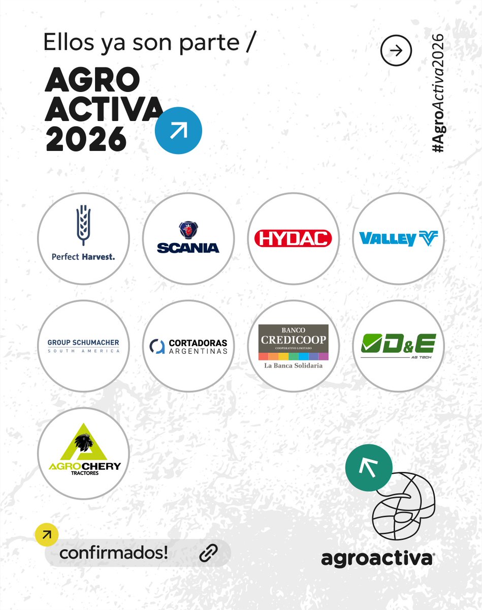 Estas son las empresas que ya confirmaron su stand en #Agroactiva2026 
Nos preparamos para una nueva edición donde la innovación, la producción y los vínculos serán protagonistas.
Del 3 al 6 de junio, Armstrong, Santa Fe #Unamuestradeloquesomos