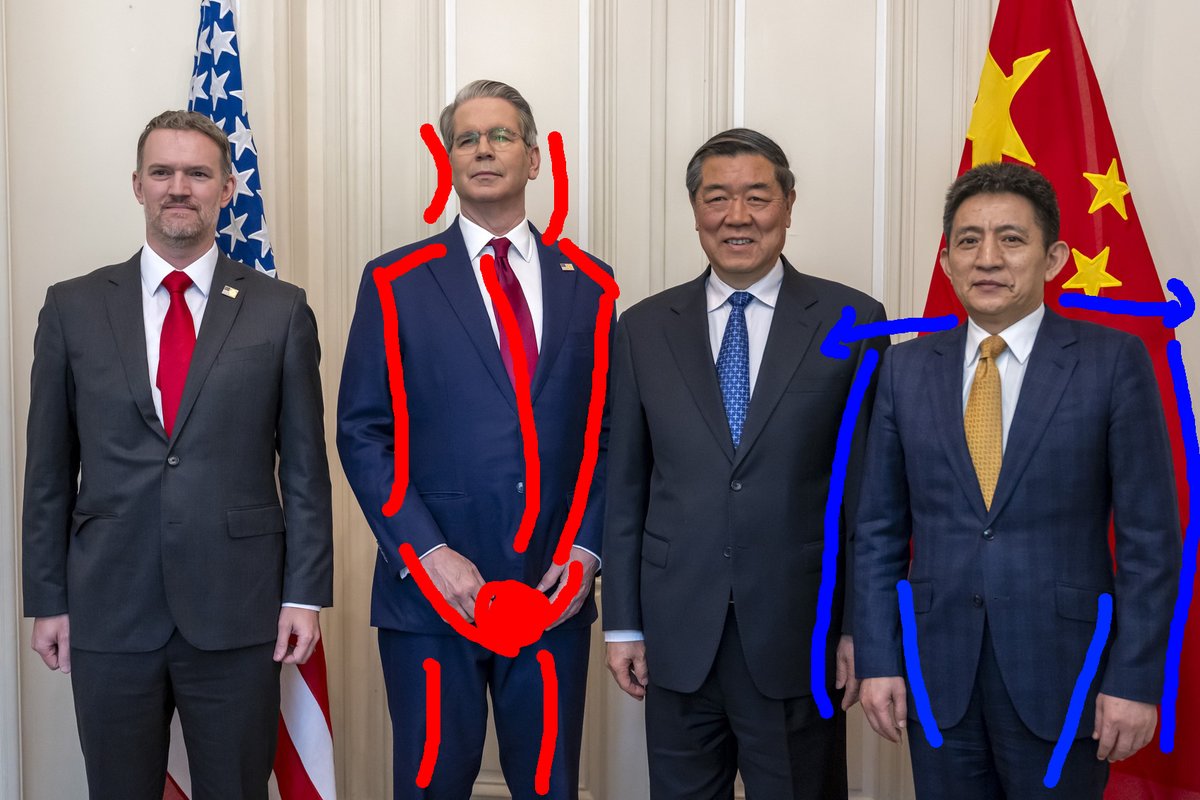 Chad Li Chenggang:
Squared posture, puffed muscular chest, genital area confidently shown.

Virgin Scott Bessent:
Effeminate ballerina stance, curved spine to be closer to He Lifeng to his left.
Hands covering his genital area, indicating lack of confidence.