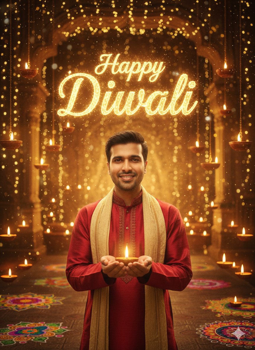 sonucnc's tweet image. 🎆✨ शुभ दीपावली ✨🎆🌿
Final AI Image Prompt (Red Kurta + Gentle Smile):
A warm and festive scene of a young man standing gracefully, holding a glowing diya in both hands. He is dressed in elegant traditional Indian attire — a deep red silk kurta with a light golden stole…