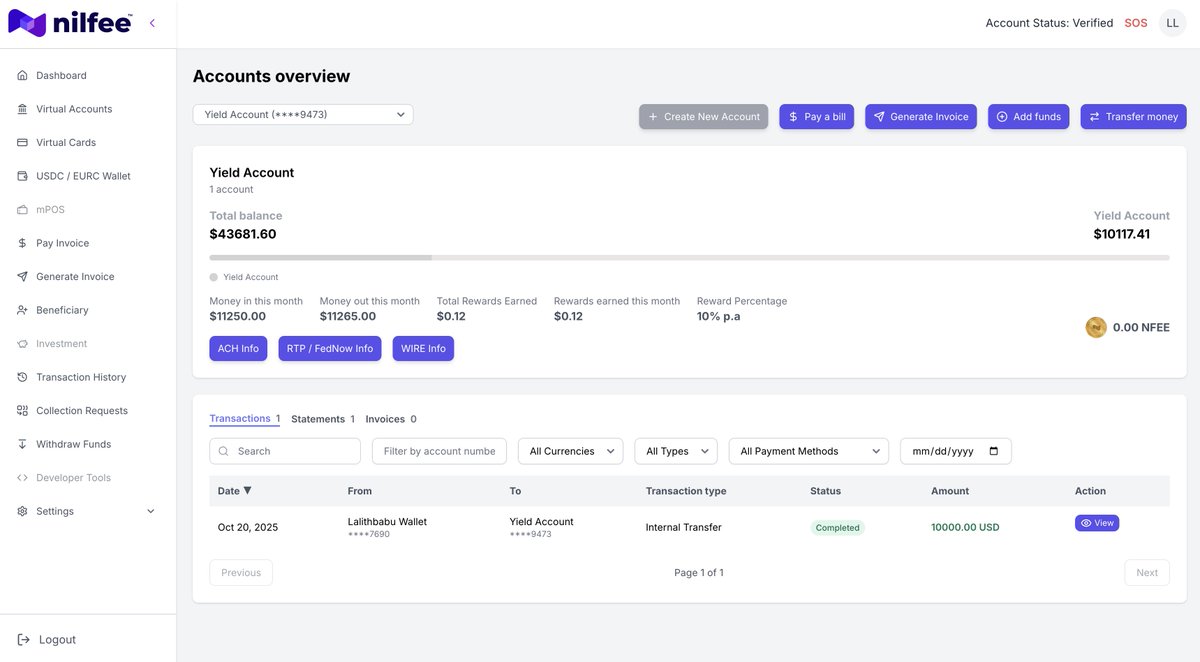 🌟 On this auspicious day of lights — Diwali! 🪔

Nilfee is delighted to announce the launch of our Yield USD Account — now LIVE! 🎉

💰 Earn 10% p.a. instantly — just transfer funds from your Primary Account to your Yield Account and start earning rewards automatically.

✨ No