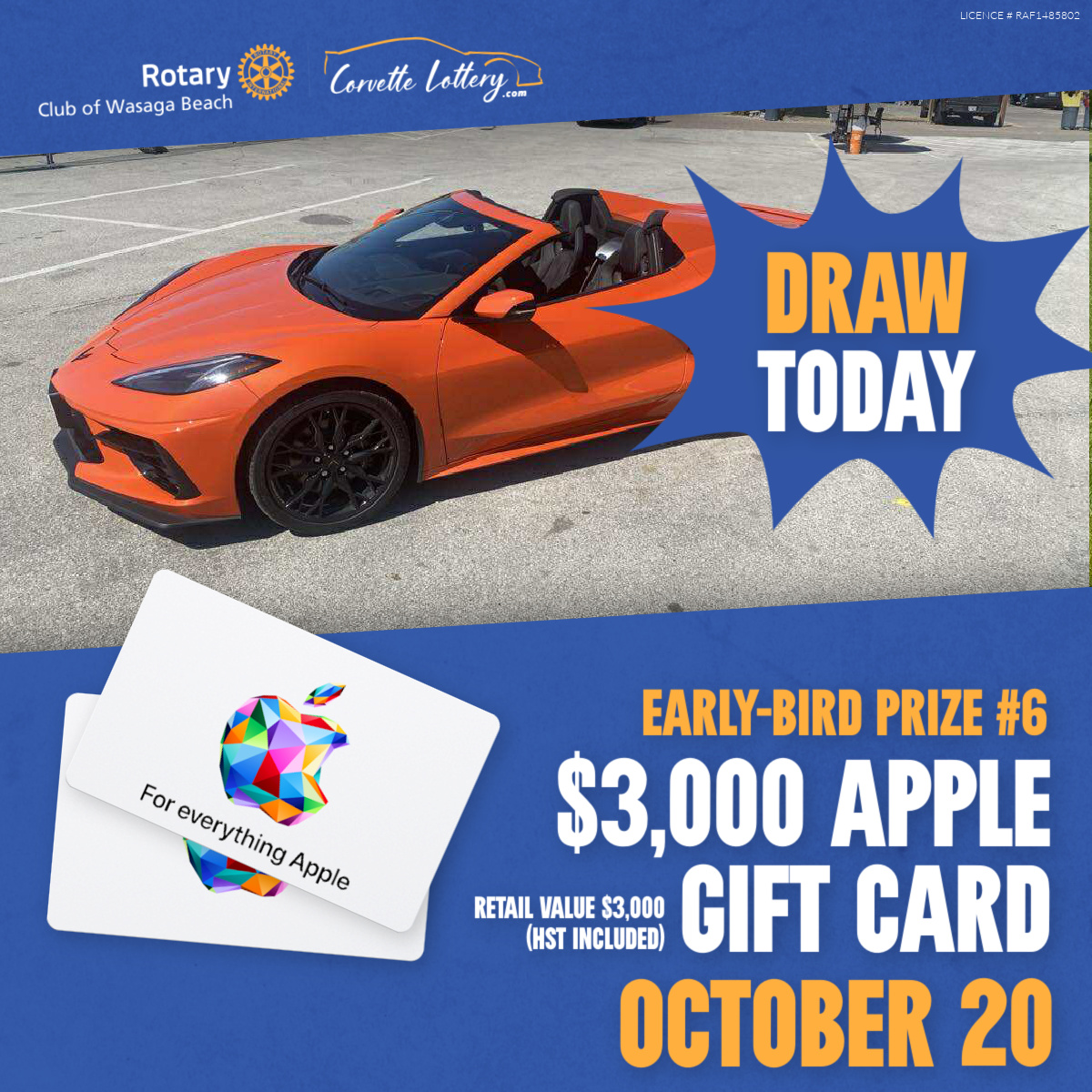 🚨 The final Early-Bird draw is today!

Win a $3,000 Apple gift card or $3,000 cash. Cut-off for tickets is 6 PM sharp.  Get yours before it is too late at: corvettelottery.com

Licence #RAF1485802