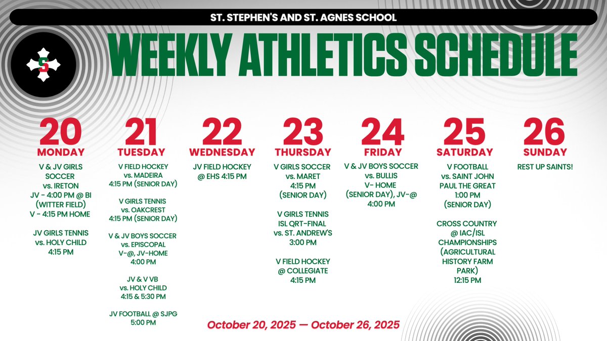 It's the final week of the fall regular season!

We look forward to celebrating the rest of our fall senior athletes this week and jumping into IAC and ISL post season play. We hope you can join us to support our Saints Athletes!

#onesaint